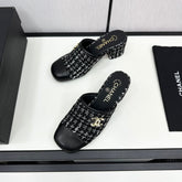 CC HIGH MULE IN BLACK MIX WHITE WOOL TWEED AND CALFSKIN